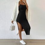 Dresses 689 Solid-Color High-Slit Camisole Maxi Dress