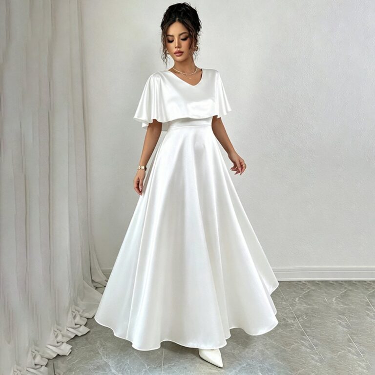 Dresses 6843 Satin Cape-Sleeve Formal Maxi Dress