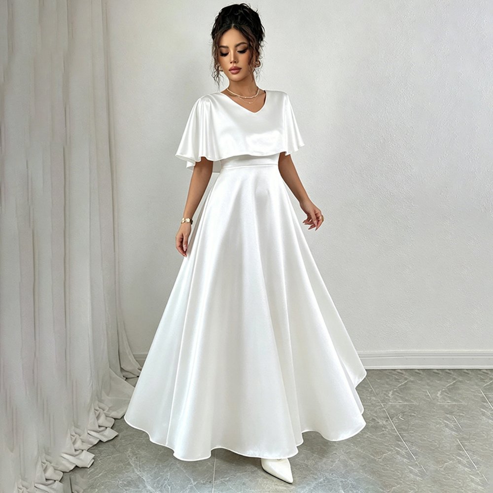 Dresses 6843 Satin Cape-Sleeve Formal Maxi Dress