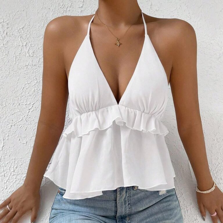 Tops 6575 Deep-V Halter Ruffle Chiffon Top