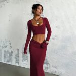 Two-Piece Sets 6798 Ribbed Square-Neck Crop Top and Fishtail Skirt Set