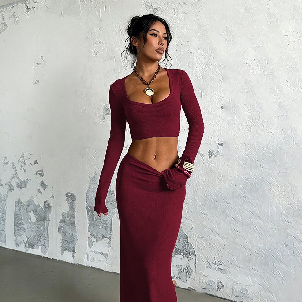 Two-Piece Sets 6798 Ribbed Square-Neck Crop Top and Fishtail Skirt Set