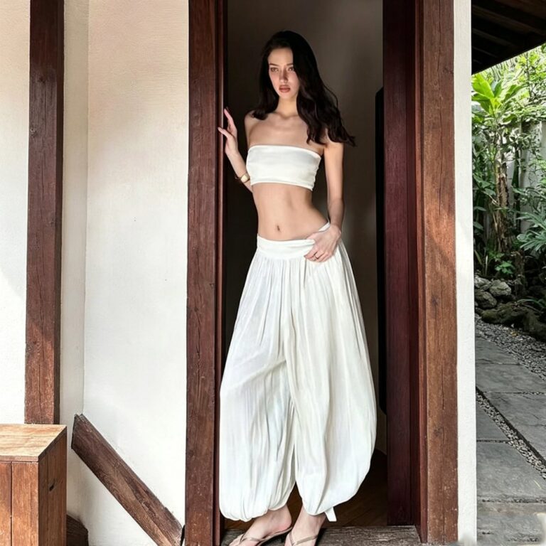 Two-Piece Sets 7132 Strapless Crop Top and Balloon-Leg Pants Set