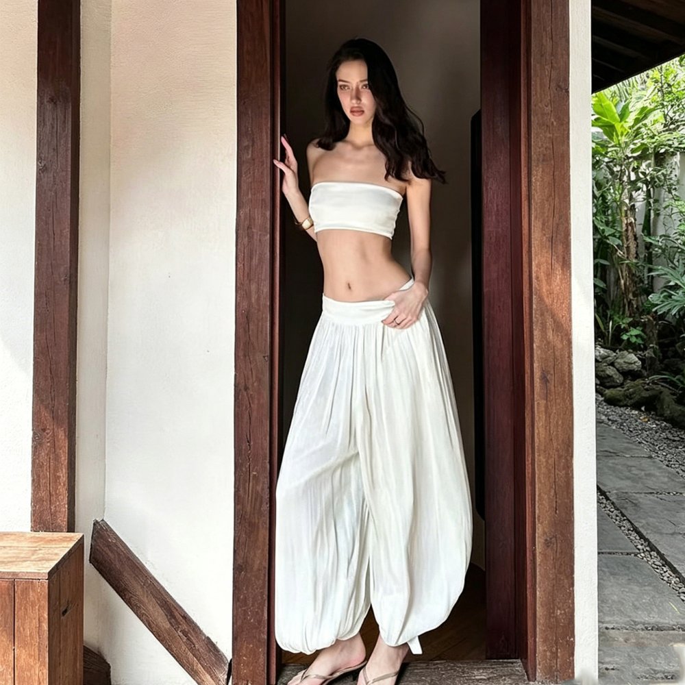 Two-Piece Sets 7132 Strapless Crop Top and Balloon-Leg Pants Set