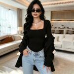 Bodysuits & Rompers 735 Long-Sleeve Square-Neck Bodysuit