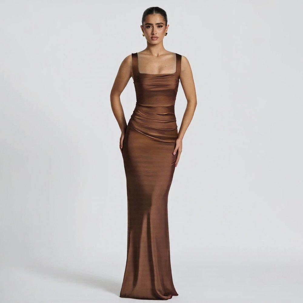 Evening Gowns 6709 Caramel Satin Square-Neck Mermaid Gown