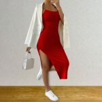 Dresses 689 Solid-Color High-Slit Camisole Maxi Dress