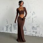 Two-Piece Sets 6798 Ribbed Square-Neck Crop Top and Fishtail Skirt Set