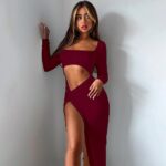 Evening Gowns 22267 Cutout Long-Sleeve High-Slit Maxi Dress