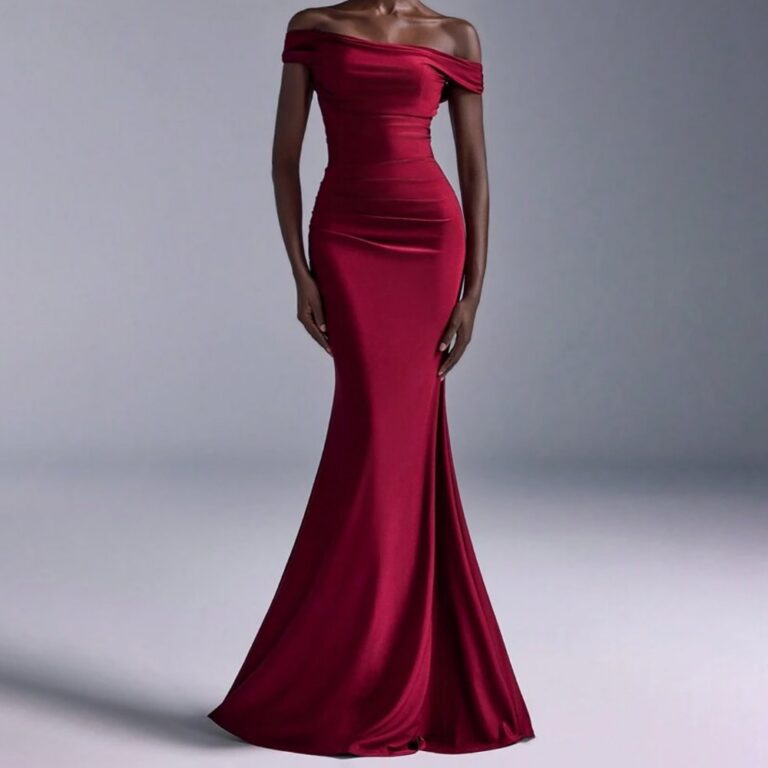 Evening Gowns 6513 Burgundy Off-Shoulder Satin Mermaid Gown