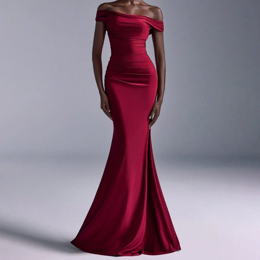 Evening Gowns 6513 Burgundy Off-Shoulder Satin Mermaid Gown