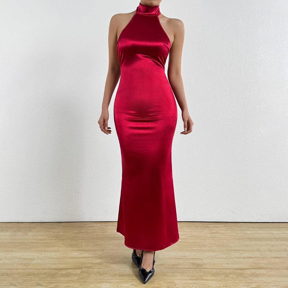 Evening Gowns 6716 Burgundy Satin Halter Mermaid Gown