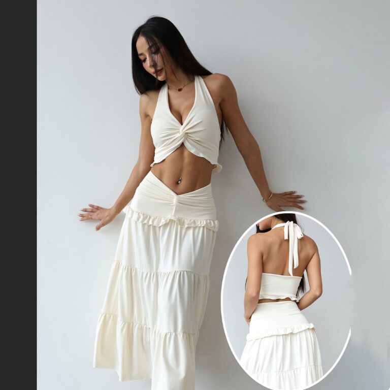 Two-Piece Sets 6552 Halter Crop Top and Tiered Maxi Skirt Set