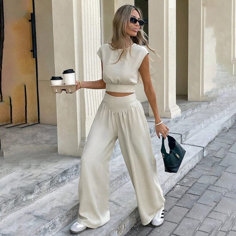 Two-Piece Sets 7181 Sleeveless Crop Top and Wide-Leg Pants Set