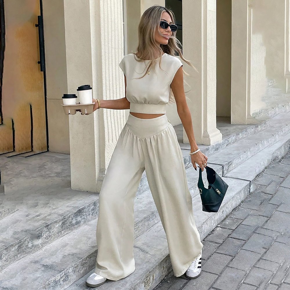 Two-Piece Sets 7181 Sleeveless Crop Top and Wide-Leg Pants Set