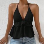 Tops 6575 Deep-V Halter Ruffle Chiffon Top