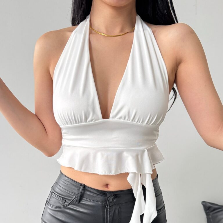 Tops 757 Deep-V Halter Ruffle Crop Top with Side Ties