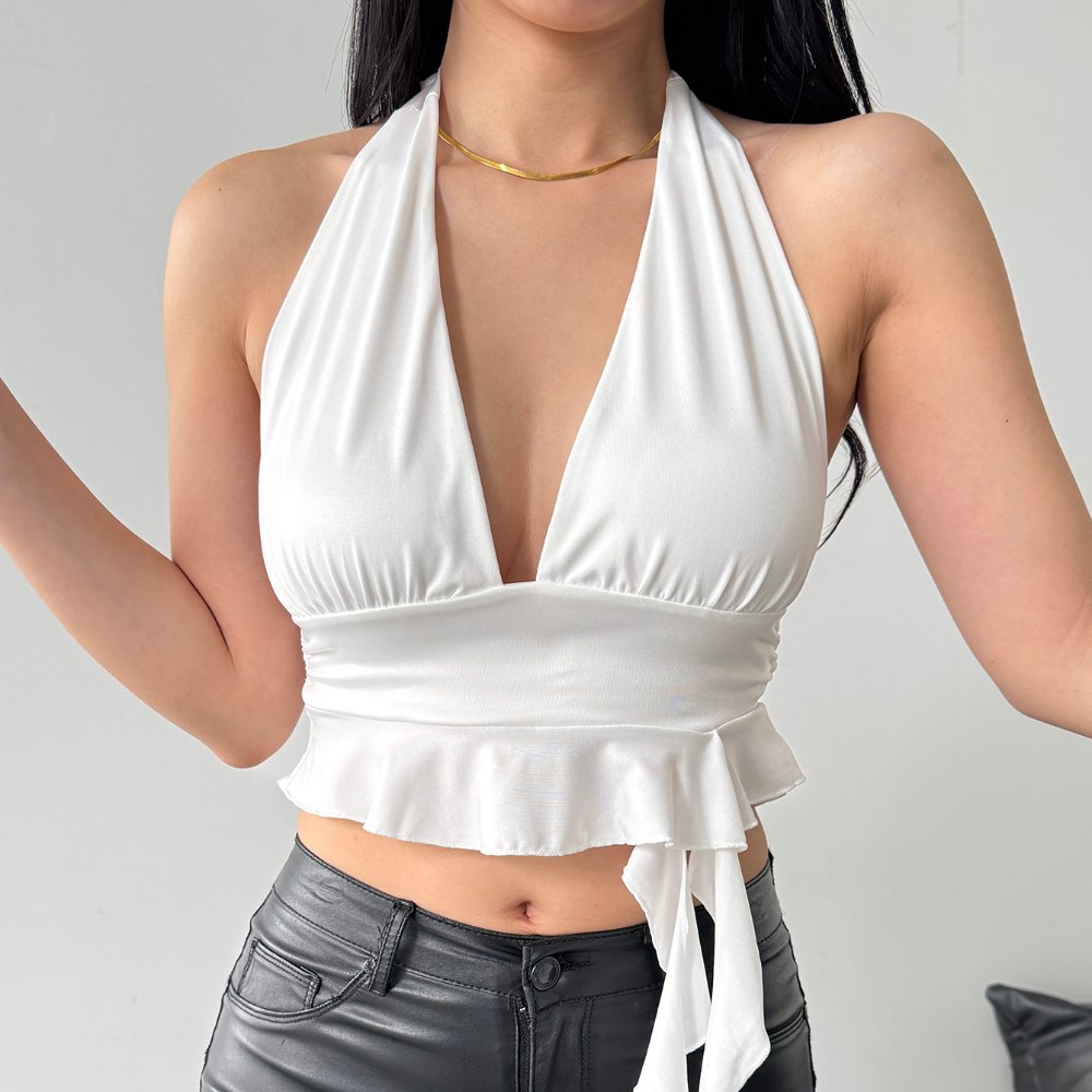 Tops 757 Deep-V Halter Ruffle Crop Top with Side Ties