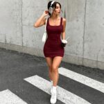 Dresses 667 Square-Neck Ribbed Bodycon Mini Dress