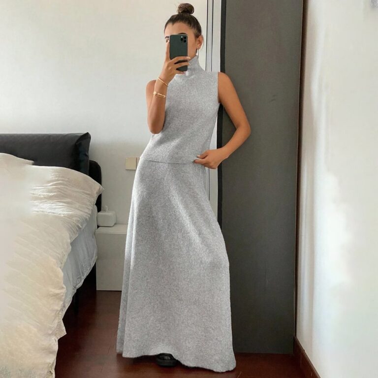 Two-Piece Sets 7182 Ribbed Sleeveless Top and Maxi Skirt Set